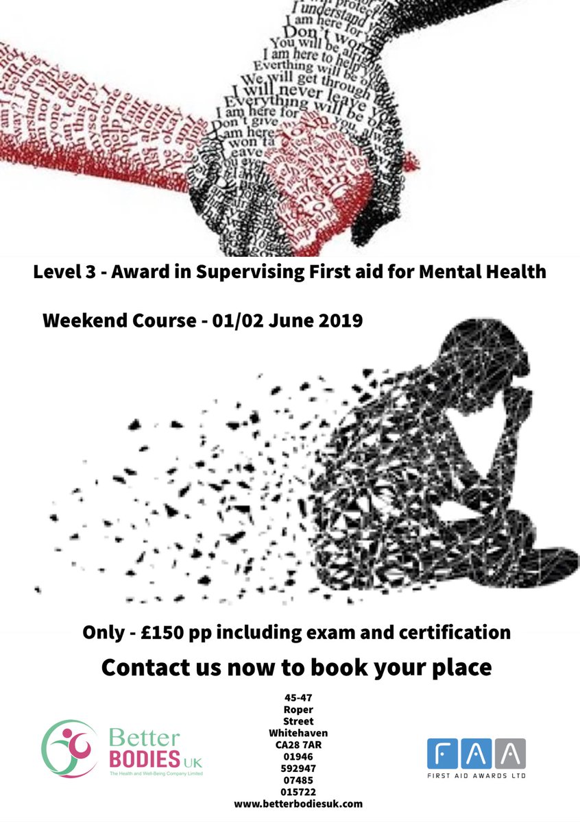 Better Bodies UK Limited (@bodiesuk) on Twitter photo Want to do something worthwhile this weekend? Come and train with us 1st and 2nd June at our training centre in Whitehaven. Level 3 award in Supervising First Aid for Mental Health. £150pp includes exam, certification and handbook. Jon@betterbodiesuk.com Want to do something worthwhile this weekend? Come and train with us 1st and 2nd June at our training centre in Whitehaven. Level 3 award in Supervising First Aid for Mental Health. £150pp includes exam, certification and handbook. Jon@betterbodiesuk.com