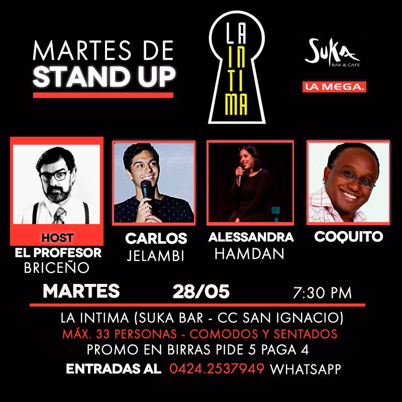 profesorbriceno's tweet photo. ¿Dónde podré ver comediantes, comer, beber y hacerlo SENTADO como en cualquier club de comedia del mundo? en @SukaBar #LaIntima todos los martes como hoy https://t.co/YMKZUbIxan