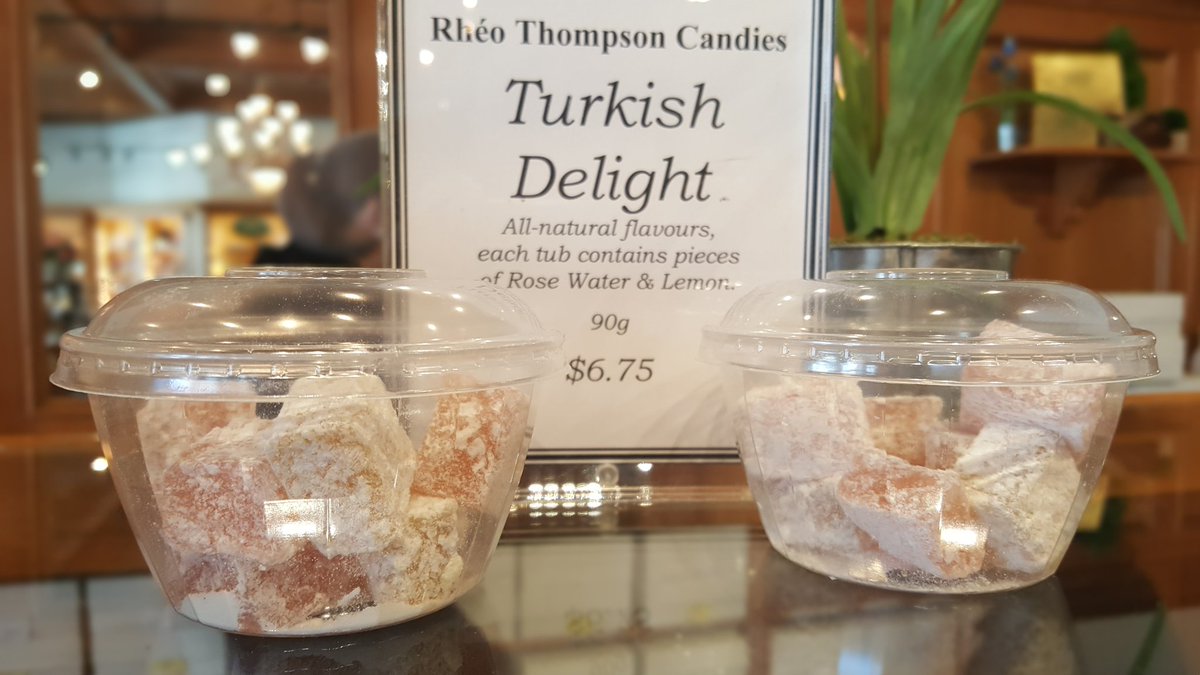 RheoThompson's tweet photo. Turkish Delight is back! For a limited time only we will have this classic sweet made with lemon and rose water in our @StratfordON store. #classiccandy #rheothompsoncandies #nomnomnom https://t.co/Gk0xLGsdww