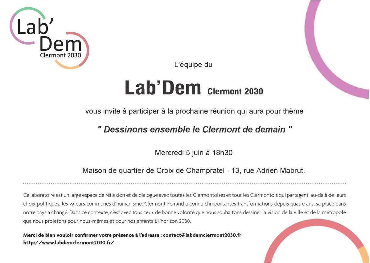 frederic_pilaud's tweet photo. 📬 SAVE THE  DATE 
Le laboratoire démocratique @clermont_2030 part en ballade sur le territoire pour dessiner ensemble le Clermont de demain
Ça vous tente ?  C’est par ici 👉
📅 mercredi 5 juin 2019 à 18h30📍Maison de quartier  Champratel
📢 Ouvert à tous, venez nombreux ! https://t.co/uv6SCKcpTg