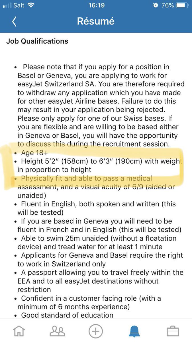 Quite puzzled by your Cabin Crew job offer, @easyjet_ch. What exactly do you mean by “weight in proportion to height”? Could you give us some figures?

This is SO not in line with the values you uphold. 

linkedin.com/jobs/view/1195…

#jobdiscrimination #antifatbias