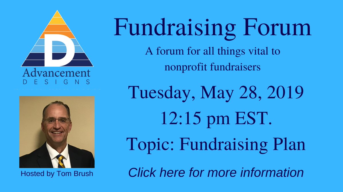 IN just under an hour (12:15 pm est) The Fundraising Forum will go live.  Today's Topic: Fundraising Plans.  Here is the link for more information - advancementdesigns.coachesconsole.com/fundraising-fo…  #Nonprofits #fundraising #nonprofitorganization #annualplan