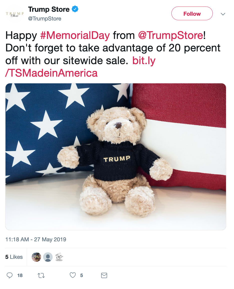 On Memorial Day-Trump Ferry Point confused its branded golf pin flag for the U.S. flag.-Trump Store wanted you to honor America’s fallen troops by buying a Trump-branded teddy bear from the U.S. commander-in-chief's shopVia  @1100Penn  https://zacheverson.substack.com/p/prayer-breakfast-inc-to-pay-trump