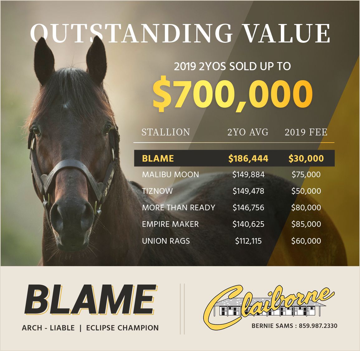 claibornefarm's tweet photo. BLAME's 2019 2YOs have sold up to $700,000, averaging $186,444 – more than 6X his stud fee! #OutstandingValue https://t.co/KP6PCE9oQu