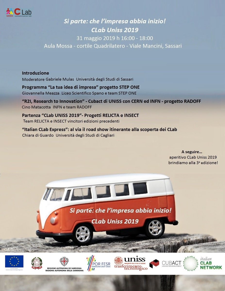 Al via la 3°ed.  #clabuniss @unissTwit ! <a href="/comunedisassari/">Comune di Sassari</a>
 Venerdì 31 maggio alle 16:00 #apericlab di lancio: vi aspettiamo a #sassari per la campagna adesioni e iscrizioni!
con il camper itinerante di #italianclabnetwork