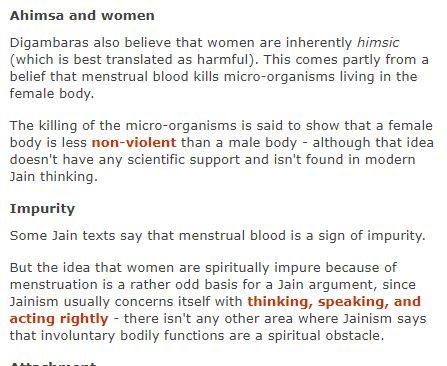 # #MenstrualTabooInJainism"Digambaras also believe that women are inherently himsic (which is best translated as harmful). This comes partly from a belief that menstrual blood kills micro-organisms living in the female body."