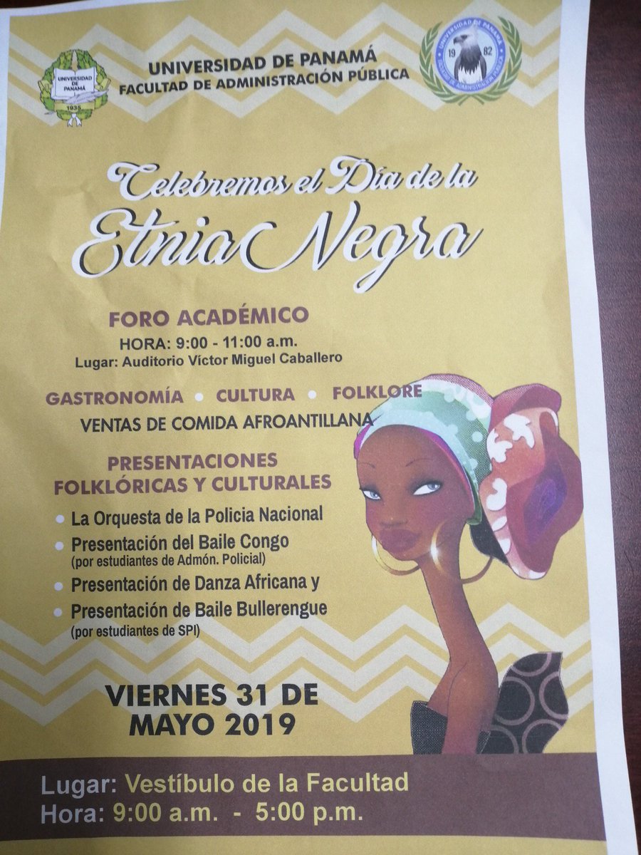 Fa_publica's tweet photo. La Facultad de Administración Pública de la Universidad de Panamá les invita a celebrar la finalización del Mes de la Etnia Negra este viernes 31 de mayo. Te esperamos #SoyAp @UNIVERSIDAD_PMA @eflorescastro @semanario7 @DiarioDigitalUP https://t.co/5X3ShNUfLY