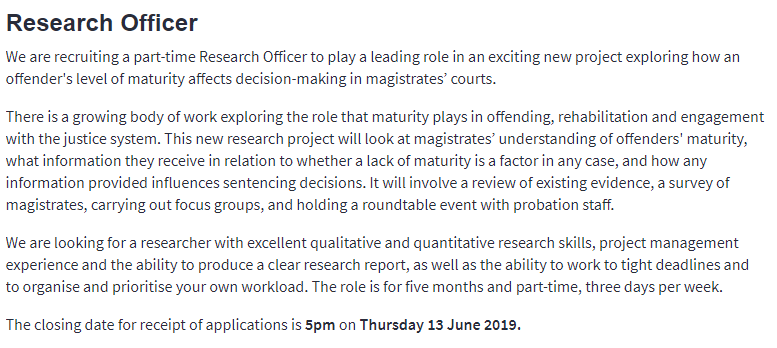 📢Job Opportunity📢

The MA is looking for a PT #ResearchOfficer to join us for five months to play a leading role in an exciting new project exploring the role of maturity in the justice system.

Find out more and apply here: magistrates-association.org.uk/staff/work-ma

#CharityTuesday #legaljobs