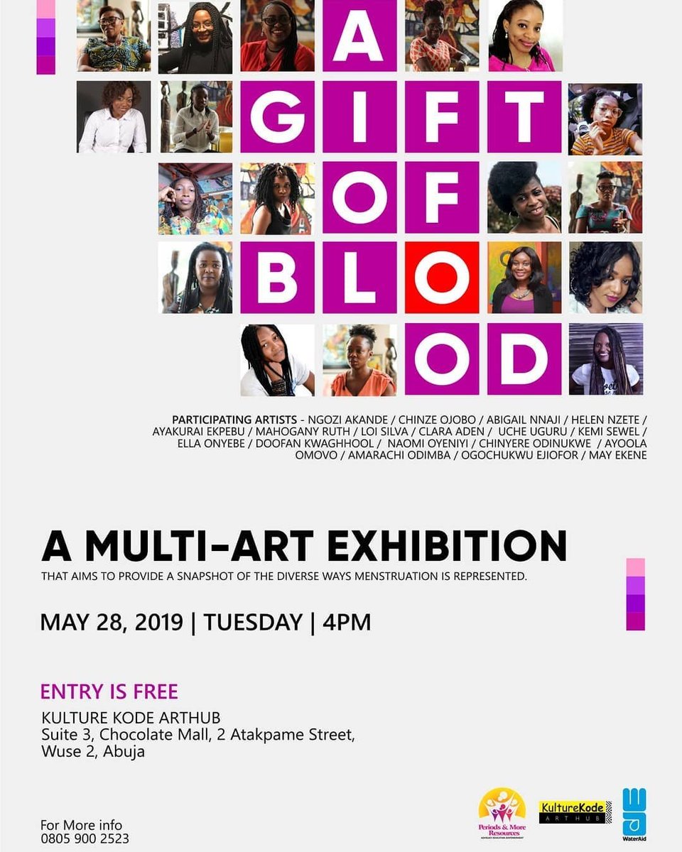 WaterAidNigeria's tweet photo. A Gift of Blood!
Menstruation is normal! It's nothing to be ashamed of. We're talking loud and proud about periods at the Multu-art exhibition with @periodsandmore and @FemaleArtsFEAAN

Join us and let's #BreaktheSilence menstruation. Periods! #Sdg6 @MHDay28May https://t.co/2KdbaNqp9K