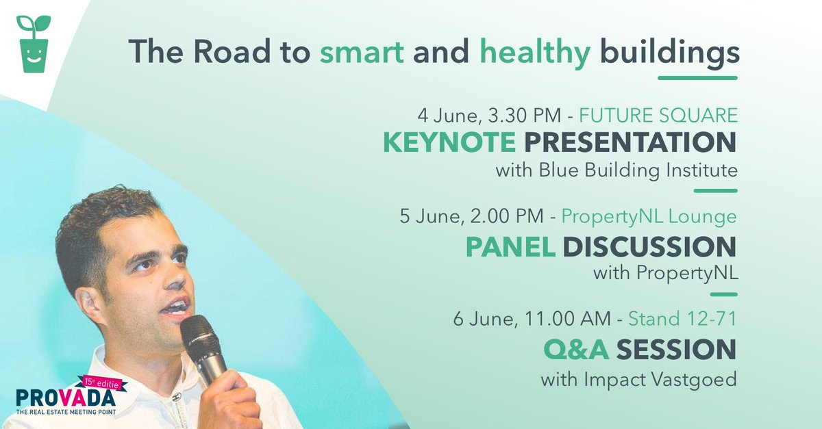 We’re honored to showcase our #realestate #product on <a href="/PROVADA/">Provada Insurance</a> FUTURE! On the 4th we’ll also share key insights with our partner <a href="/BBI_EU/">Blue Building Institute</a>. On the 5th we’re joining a Panel discussion with <a href="/PropertyNL/">PropertyNL</a>, followed by a Q&amp;A session with <a href="/ImpactVastgoed1/">Impact Vastgoed</a> on the 6th.