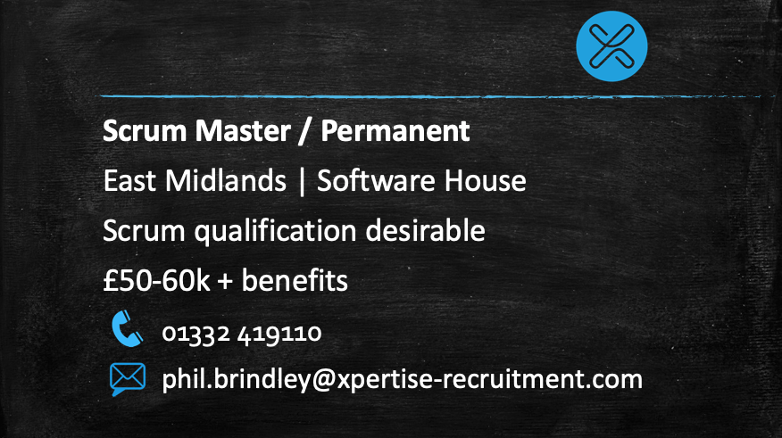 Philbrindleyx's tweet photo. Scrum Master | Derby | Permanent | Working in a Software House | £50-60k   benefits| open to all levels of Scrum Master experience | please get in touch to discuss further | phil.brindley@xpertise-recruitment.com https://t.co/EoVh2jASyY