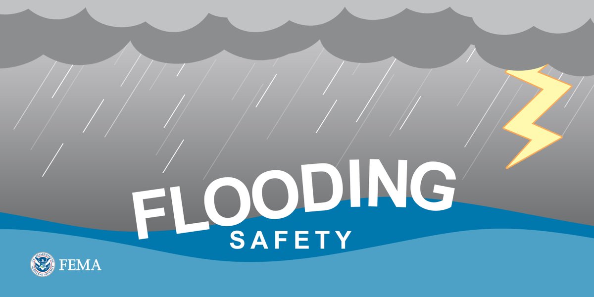 Graphic that has dark grey clouds at the top and blue waves at the bottom. There are white streaks that represent rainfall coming from the clouds and a lightning bolt on the far right. The words Flooding Safety are in the middle of the graphic with a FEMA logo in the bottom left.