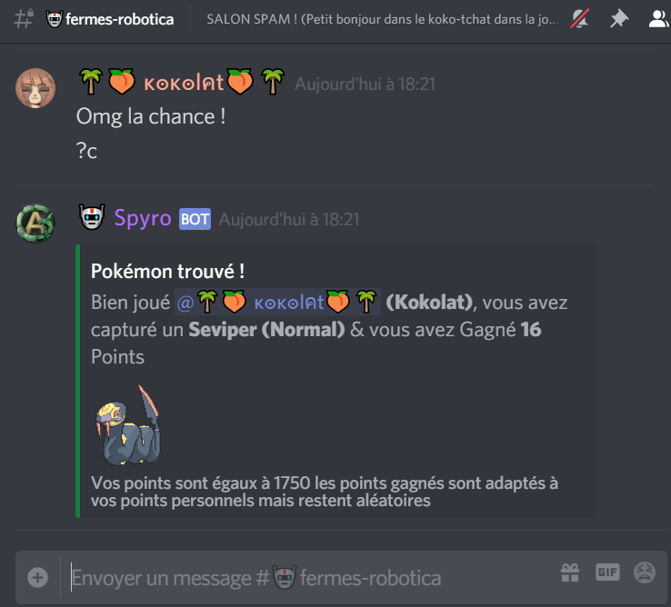 KokolandDiscord's tweet photo. Ajout d'un bot sympatoche pour capturer des pokémons ! ♥ Traduit en français en plus ! #discord #bot #pokemon #tchat #french https://t.co/RoOye3Bt9U