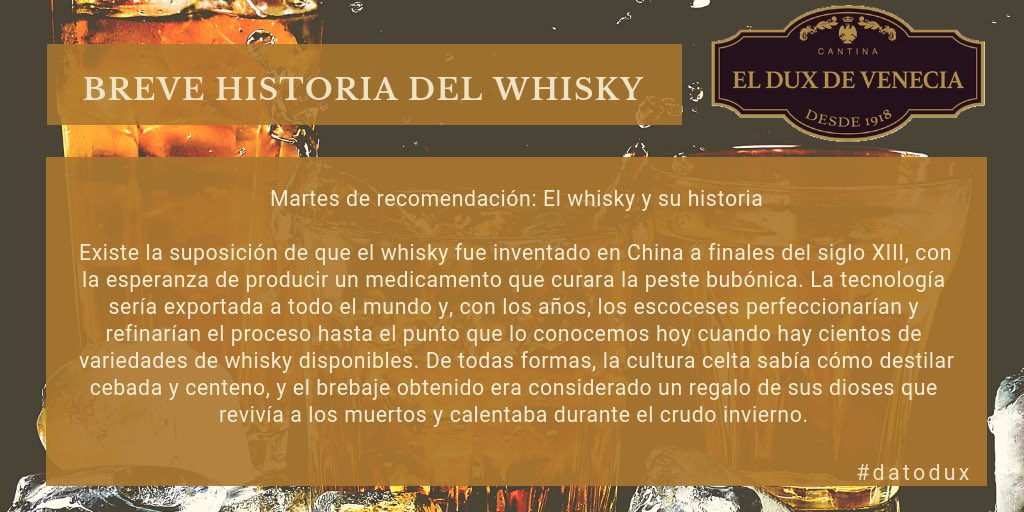 Duxdevenecia's tweet photo. El primer escrito sobre el whisky data de 1405 en Irlanda, donde era destilado por monjes. También fue mencionado en Escocia en 1496.​ Sin embargo, se creía que el whisky ya existía desde hacía varios cientos de años...

#elduxdevenecia #elwhisky #martes https://t.co/yVeGEDn8jq