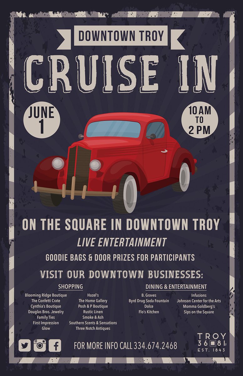 Downtown Cruise In this Saturday on the square in Downtown Troy! #36square81 #downtowntroyalabama