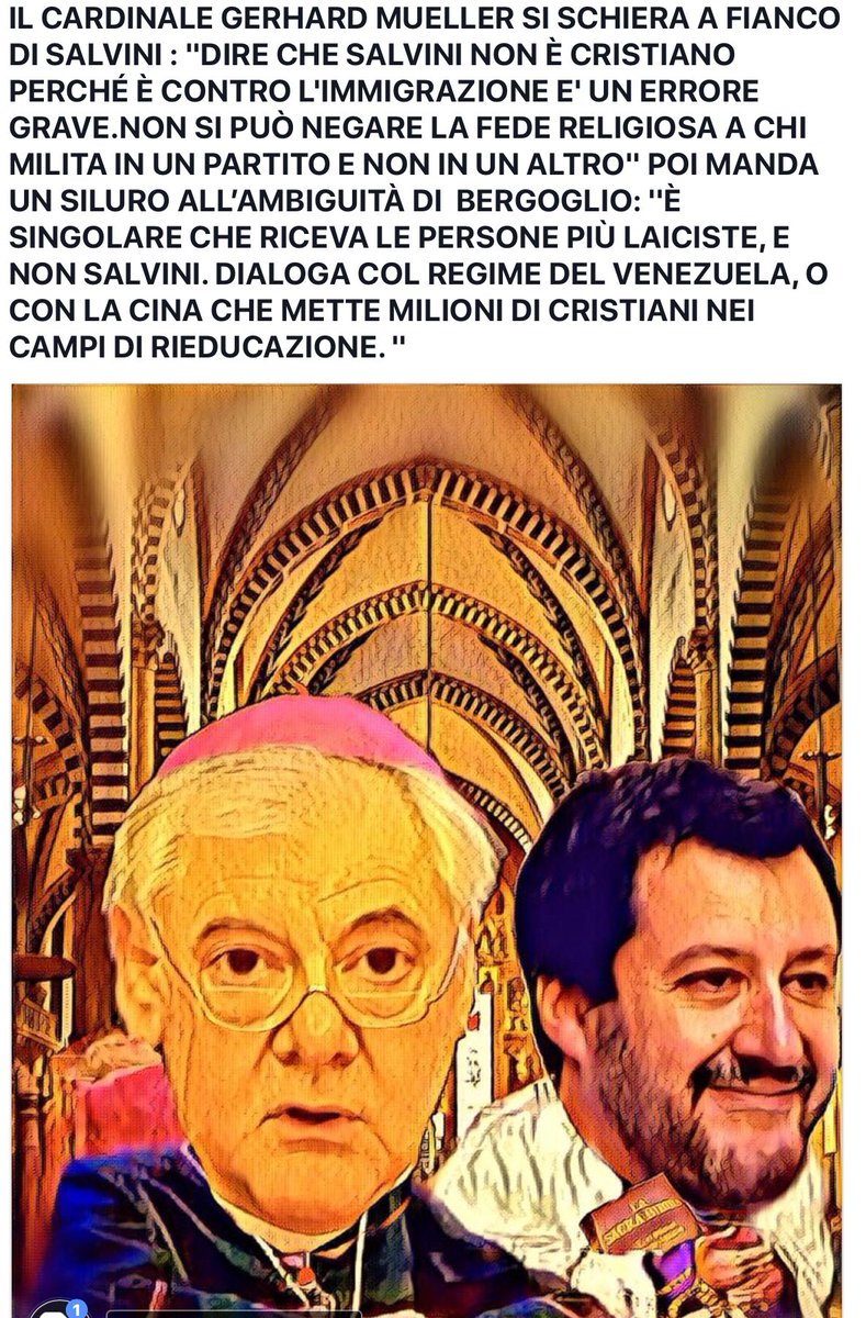 DSant65's tweet photo. IL CARD. #GERHARDMUELLER SI SCHIERA A FIANCO DI @matteosalvinimi : ''DIRE CHE SALVINI NON È CRISTIANO PERCHÉ È CONTRO #IMMIGRAZIONE E' UN ERRORE GRAVE.NON SI PUÒ NEGARE FEDE RELIGIOSA A CHI MILITA IN UN PARTITO E NON IN UN ALTRO''POI MANDA UN SILURO ALL’AMBIGUITÀ DI  #BERGOGLIO.. https://t.co/KMLJzUxvZE