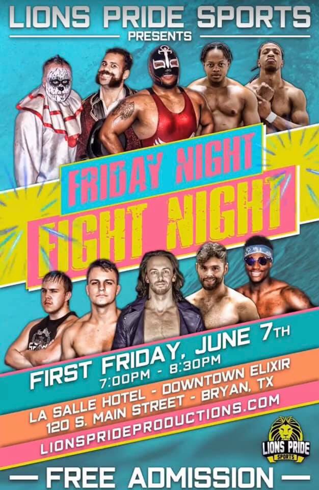 Friday Night Fight Night! Bryan/College Station on June 7th come see THE CHAMP!
.
.
.
#lionspridesports #allday #alldamnday #willallday #bryantx #downtownbryantx #collegestation #collegestationtx #prowrestling #professionalwrestling #independentwrestling #firstfriday #fightnight