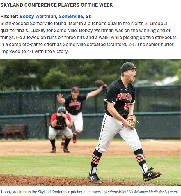 Congratulations Bobby! NJ.com  Skylands Conference pitcher of the week- 5/20-5/26