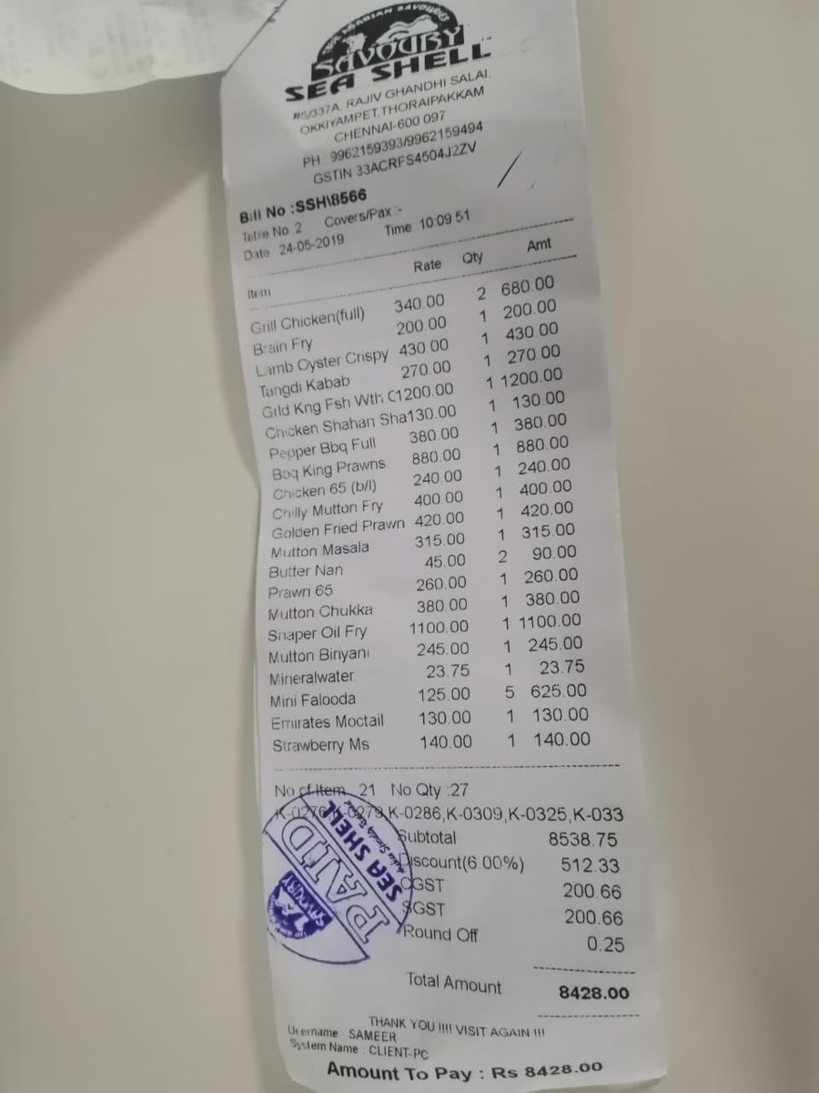 sathish9011's tweet photo. Bills attached for your reference. Atleast you could have justified the food with the bill amount of 55k which we paid for such a low quality food.  
Please make sure that you don’t treat your customers this way. #SavourySeashell #thoraipakkam #attrocities @SavourySeashell https://t.co/m50s8cDlQn