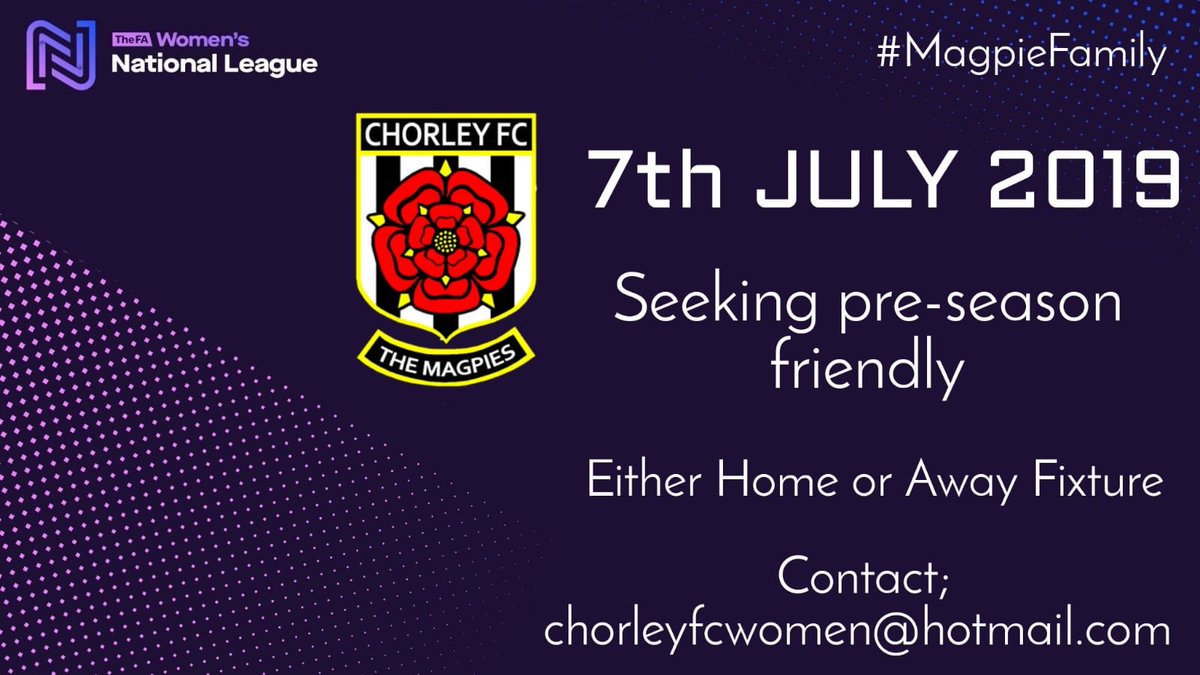 Teams looking for a friendly on the 7th July preferably (away) please contact 👉🏼 @chorleyfc_women to get something arranged. 
Thanks 👍🏼⚽️#preseason <a href="/WFriendlies/">Women & Girls Football Database ⚽️⚽️⚽️</a> <a href="/FRIENDLYGAMEUK/">Friendly Game</a>