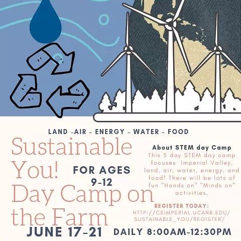 Registration Now Open: CEIMPERIAL.UCANR.EDU/SUSTAINABLE_YO…
Come experience life on our farm as you learn how to be sustainable! This experience will introduce youth to our five natural resources and how they relate to the agricultural industry in Imperial county.
