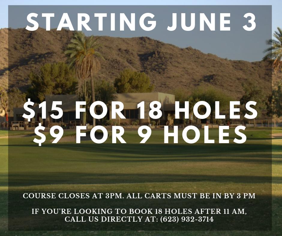GolfTresRios's tweet photo. Starting June 3, 2019, rates will be $15 for 18 holes and $9 for 9 holes.Tres Rios Golf Course will close at 3 PM, therefore all carts must be in by 3 PM
If you're looking to book 18 holes after 11 AM, call us directly at: (623) 932-3714
The snack bar is not open during the week https://t.co/z8JLql0hcf
