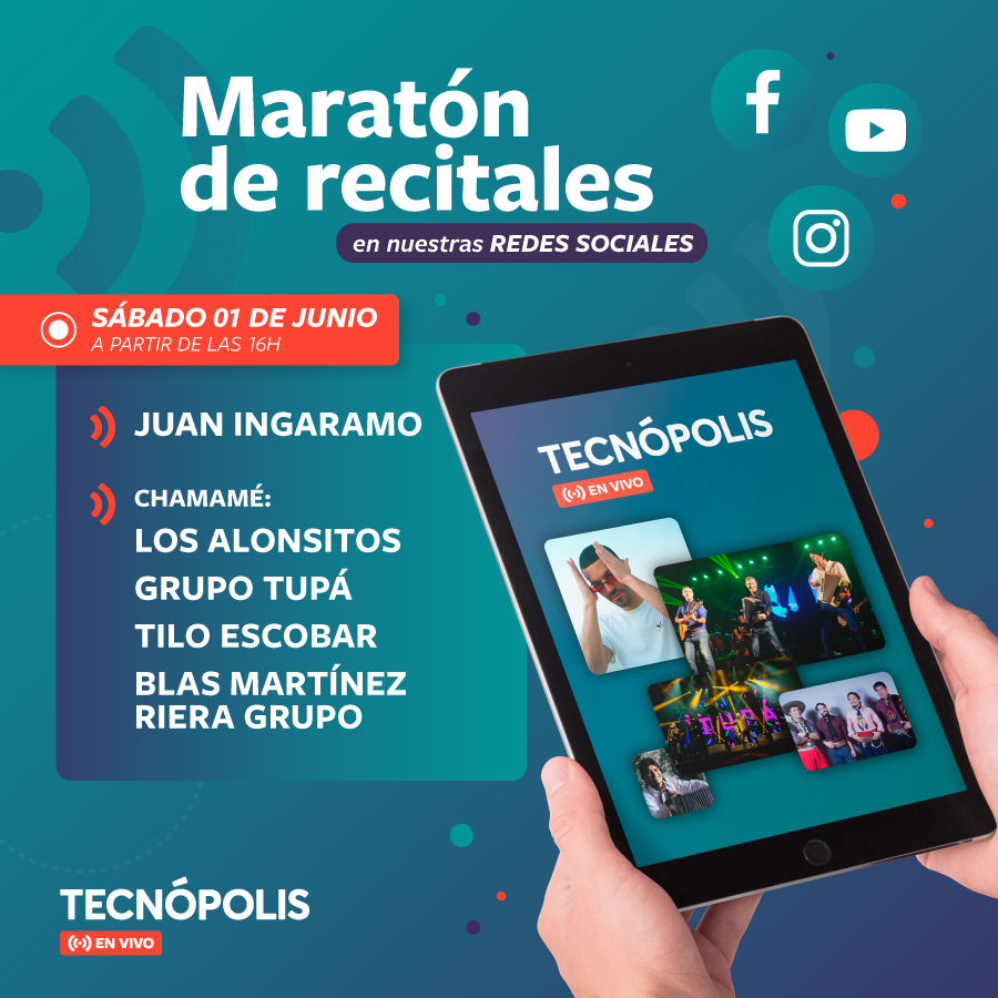 TecnopolisArg's tweet photo. ¡El 1 y 2/6 no te pierdas la #MaratónDeRecitales en nuestras redes! 
✅Sábado 1/6 desde las 16h (sólo online 📲) 
@juaninga, @losalonsitos, @grupotupa, #TiloEscobar y @MartinezRiera 
✅Domingo 2/6 desde las 16h (sólo online 📲) 
@mirandaenvivo 
https://t.co/VVfrXzBwMZ https://t.co/Br7V5If82W