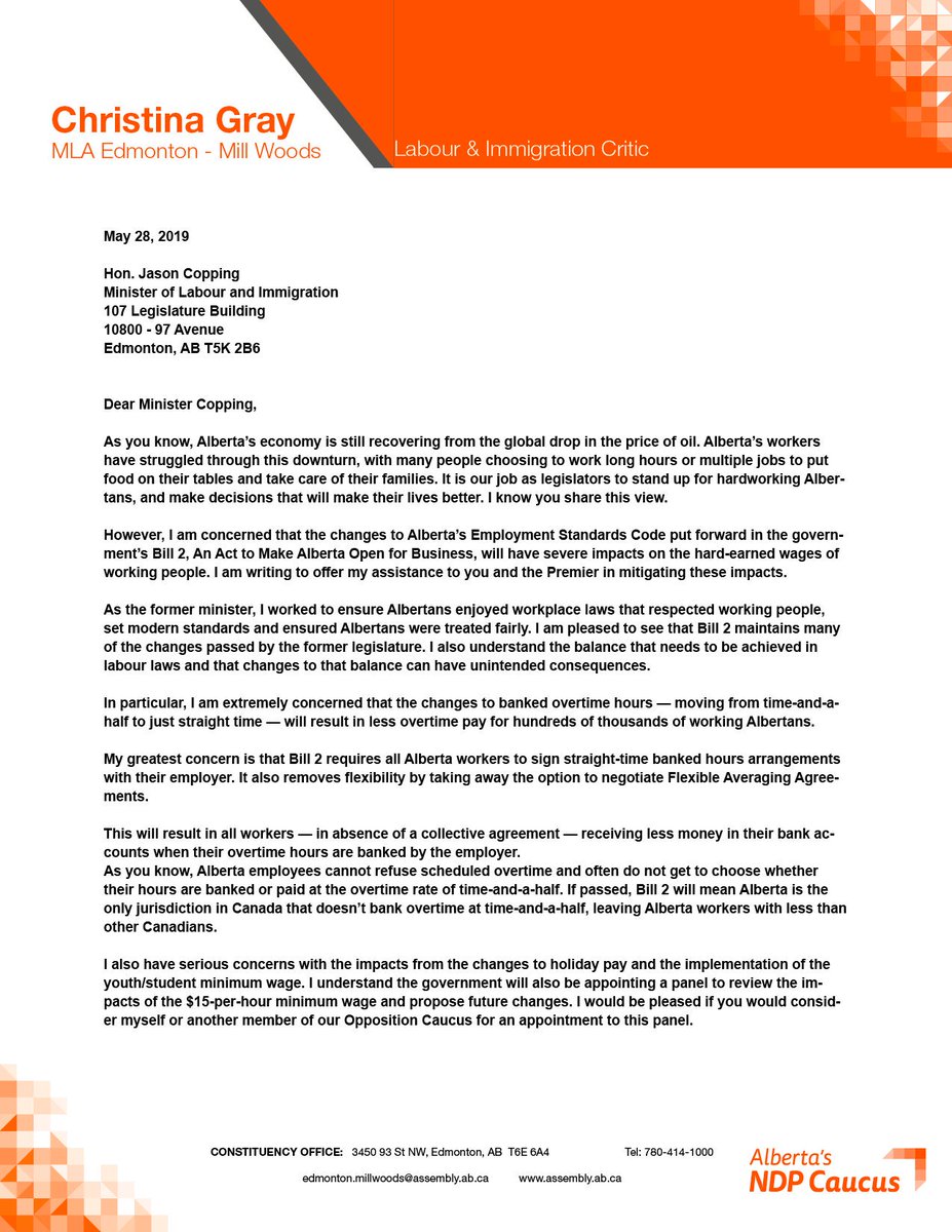 ChristinaNDP's tweet photo. Today, I have written to the Minister of Labour &amp; Immigration requesting a meeting in short order so that I can walk him through the harmful effects of the UCP Pick Your Pockets Bill, which will cut banked overtime and wages for youth workers. #ableg https://t.co/trmWrwXfgT