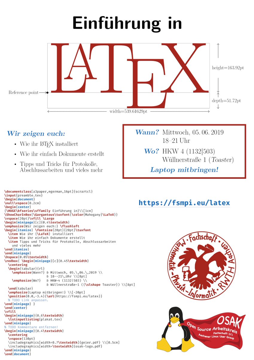 osakfsmpi's tweet photo. Nächsten Mittwoch (2019-06-05) um 18 Uhr veranstalten wir einen LaTeX-Workshop im Toaster.

Es sind keinerlei LaTeX-Vorkenntnisse erforderlich — nur dein Computer!
Wir zeigen das Wichtigste für den Uni-Alltag — von der Installation bis zur Präsentation.

Komm vorbei! https://t.co/kyqcvVVr9C