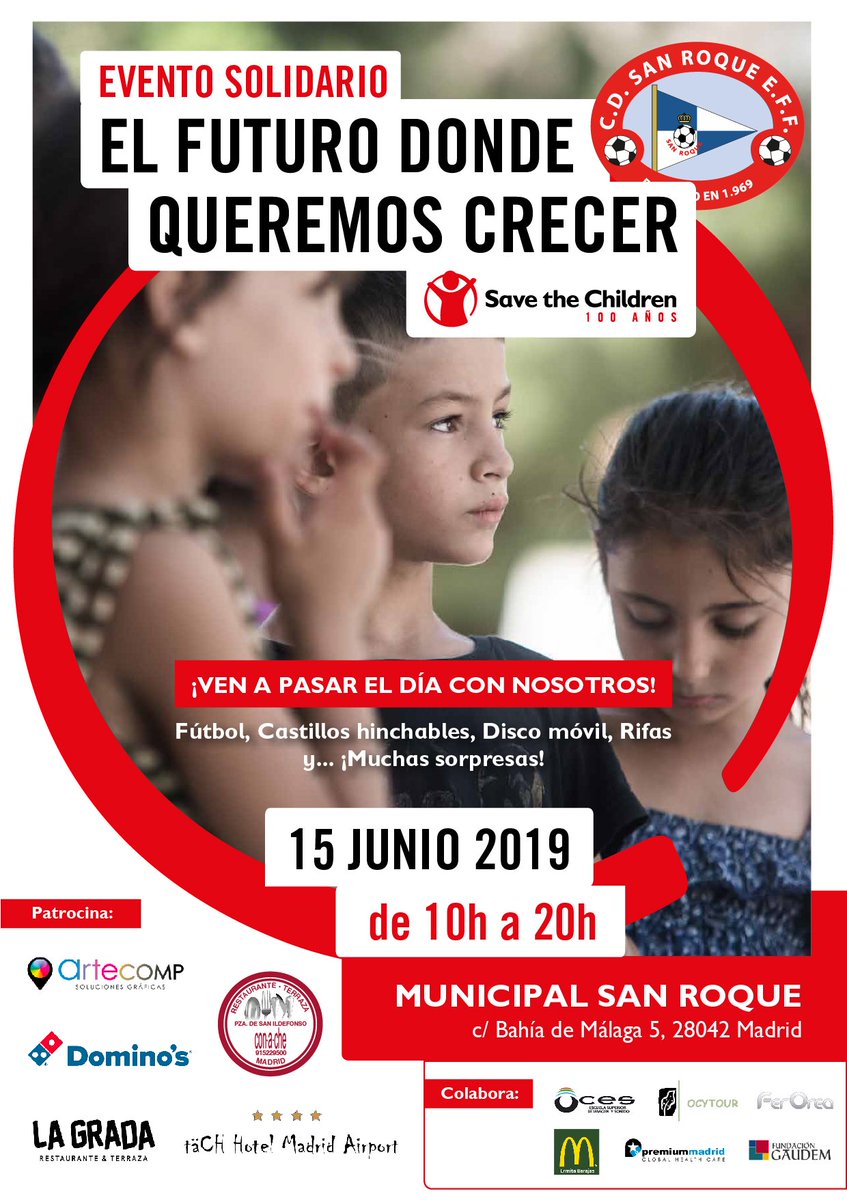 El <a href="/cdsanroqueeff/">C.D San Roque E.F.F</a> organiza nuevo Evento Solidario en favor de <a href="/SaveChildrenEs/">Save the Children Es</a> 

🏟 Municipal San Roque 
📅 15 Junio 2019
⏰ De 10 a 20 horas
🎉 Fútbol, castillos hinchables, disco móvil y ¡Mucha diversión!

¡Ven a pasar el día con nosotr@s!

ℹ️ Más info: cdsanroqueeff.com/single-post/20…