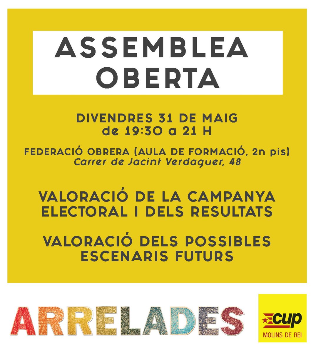 cupmolins's tweet photo. Aquest divendres 31M: ASSEMBLEA OBERTA
Aquest divendres fem assemblea oberta a totes les persones que simpatitzen amb el projecte de la CUP i us esperem per debatre entre totes com afrontem aquesta legislatura.
#Arrelades #MolinsdeRei #municipisvalents https://t.co/orj8ZbiPJc