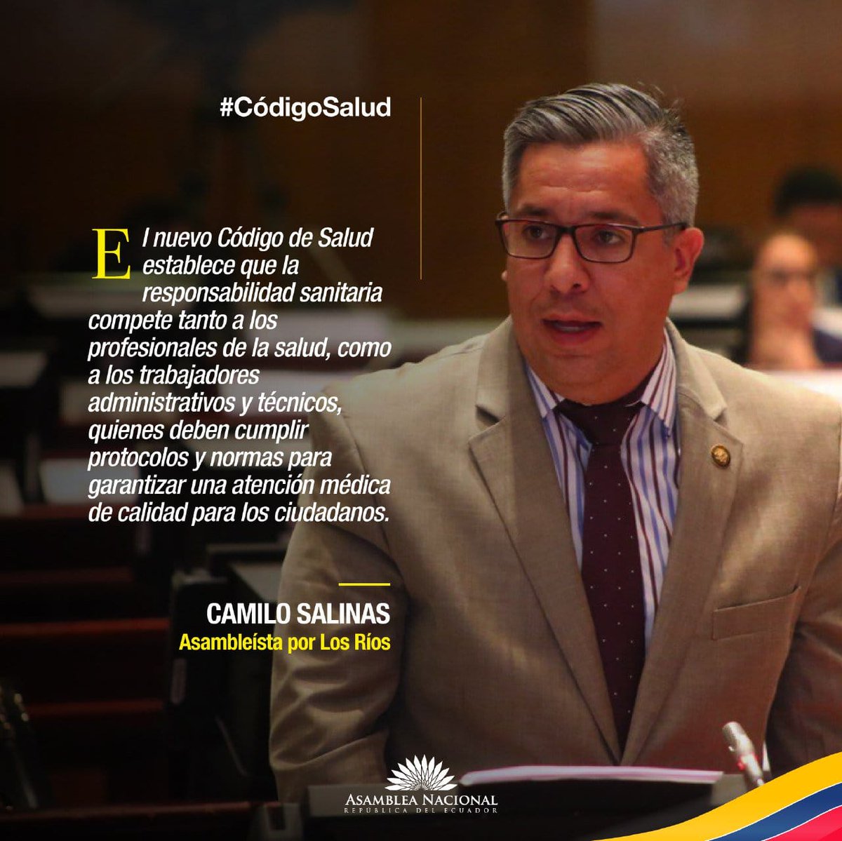 El <a href="/DrCamiloSalinas/">Camilo Salinas Ochoa</a>, en calidad de asambleista y miembro de la @Redprosalud, agradeció públicamente la apertura de la Ministra de Salud @MVEspinosaS y del Presidente de la Comisión <a href="/DerechoSaludAN/">Comisión del Derecho a la Salud y Deporte</a>, en la construcción participativa del proyecto #CódigoDeSalud.