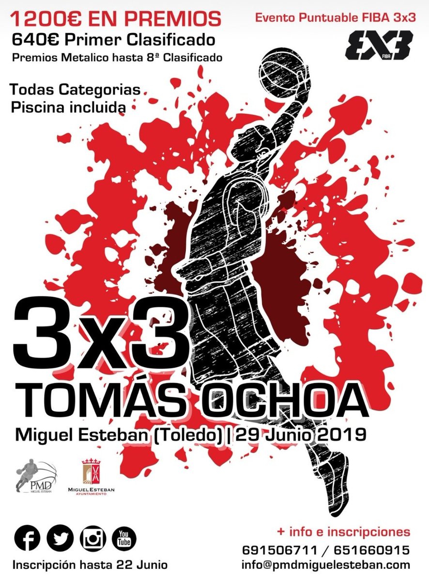 3x3 Tomás Ochoa

1200€ en premios. 
640€ para el Primer Clasificado y premios en metálico hasta el 8°clasificado.

Todas las categorías:
-Categoría Reina
-Senior Masculino
-Senior Femenino
-Categoría Cadete
-Categoría Infantil
-Categoría Alevin