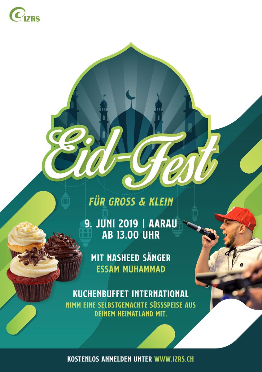 Islamrat's tweet photo. 🎉 Bald heisst es wieder „Eid Mubarak“. Aus diesem fröhlichen Anlass, lädt der Islamische Zentralrat am 9. Juni zum Eid-Fest für Gross &amp; Klein im Kt. Aargau ein. 
Mit dabei ist der Nasheed Sänger @masseone39.

Jetzt anmelden. 
https://t.co/CjDF8NSK62
#Ramadan #EidMubarak https://t.co/MkpaVUXTfV