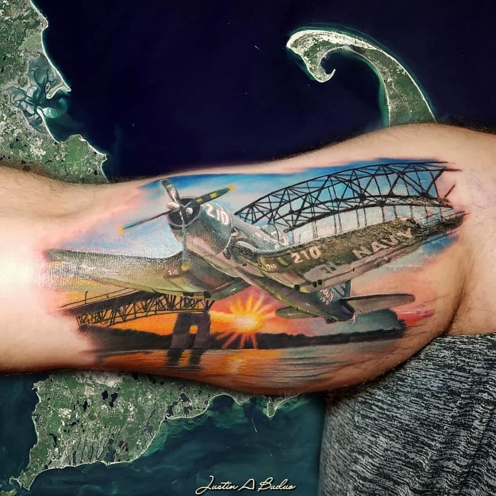 Art Junkies Tattoo Studio : Tattoos : Military : Realistic black and gray  B13 plane tattoo, Ryan Mullins Art Junkies Tattoo