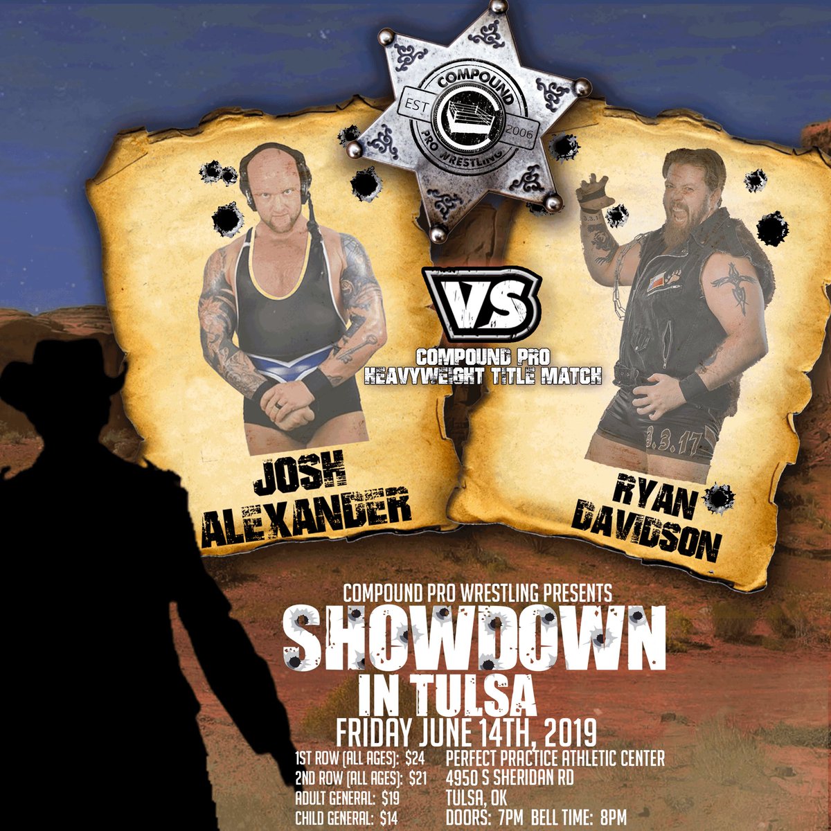 Compoundpw's tweet photo. .@Walking_Weapon vs @RDBEAR57 for The Compound Pro Heavyweight Championship  Friday June 14th, 2019!  #CompoundProWrestling Presents: SHOWDOWN IN TULSA!  Get your will call tickets now at https://t.co/ToyIxR348t https://t.co/z9g04RQfTO