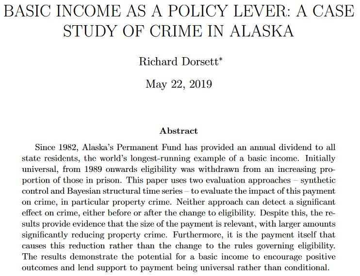 New evidence in support of universal basic income from Alaska thanks to fresh analysis by  @R_Dorsett. The higher the UBI amount, the less property crime occurs, and excluding criminals from UBI has no deterrent effect on crime. http://richarddorsett.com/wp-content/uploads/2019/05/AlaskanCrime.pdf  #YangGang  #BasicIncome