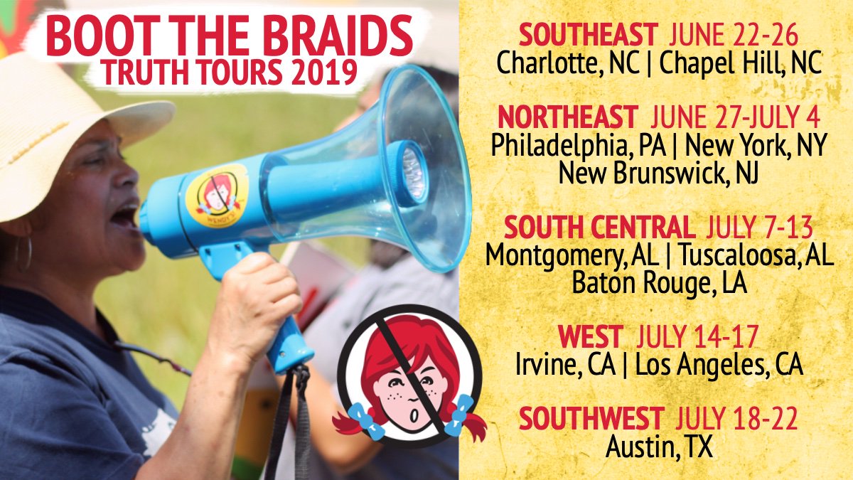 ciw's tweet photo. ICYMI: #BootTheBraids Truth Tours to expose the dangerous, inhumane conditions workers face outside the protections of the @FairFoodProgram and @Wendys absurd social responsibility shell game… https://t.co/hvm7zhFzAC https://t.co/GAVSEHZVOg