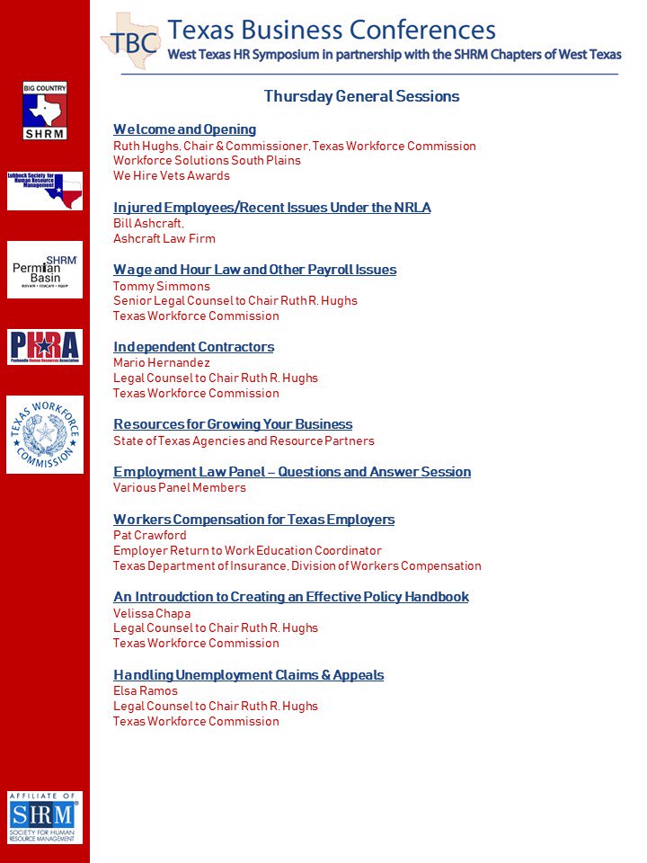 Thursday General Sessions have been announced for the inaugural #WestTexasHRSymposium, and the <a href="/TXWorkforce/">Texas Workforce Commission</a> have put together a stellar line up of presenters! <a href="/PHRA_Amarillo/">PHRA</a> <a href="/LubbockSHRM/">Lubbock SHRM</a> <a href="/BigCountrySHRM/">BigCountrySHRM</a> <a href="/TexasSHRM/">Texas SHRM</a>