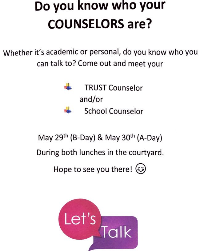 ✨Tomorrow & Thursday: Come meet your TRUST and School Counselors! May is Mental Health Awareness Month and we want to make sure our students know they are never alone and that we have professionals on campus available to help!!!✨ #GoBison #BisonPride #MHM2019 #4Mind4Body