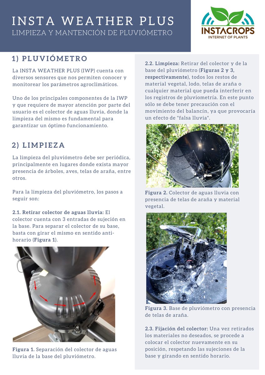 instacrops's tweet photo. En #INSTACROPS queremos que tu experiencia sea la mejor 👩‍🌾👨‍🌾
Descarga nuestro instructivo con información sobre cuáles son las mantenciones y cuidados necesarios para llevar un óptimo registro de las precipitaciones en tus servicios de #InstaWeatherPlus 🤘😎 https://t.co/JqQZkfpaCy