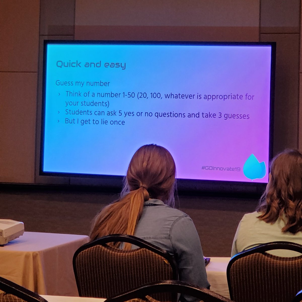 A room full of #GOInnovate19 educators asked 5 questions of presenter, Erin Powell, <a href="/NixaJuniorHigh/">Nixa Junior High</a> to determine her mystery number... Her number is 
*a whole number
*Odd
*Not composite
*>30
*a multiple of 5
Now to figure out which answer is the lie.

<a href="/GOCSDMO/">Greater Ozarks Cooperating School Districts</a>
