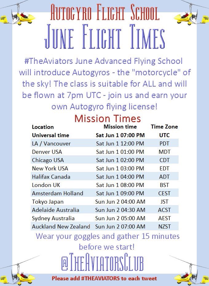Hello All! #TheAviators Advanced Flight School will be on Autogyros on Saturday 1st June. See attached for details! Enjoy!