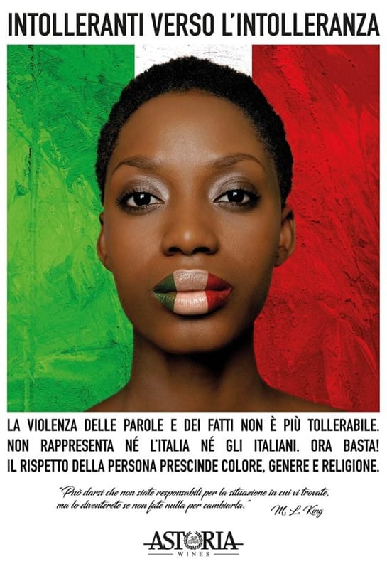 Menzione d'onore per <a href="/Astoria_Wines/">Astoria Wines</a>, per aver preso posizione contro vari episodi di razzismo con una pagina sui maggiori giornali italiani.

Non posso che concordare. Le aziende sono parte della società e hanno un potere enorme nel contribuire al suo benessere. 

#DMA2019
