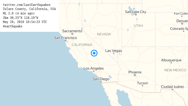 NewRoadTrip's tweet photo. Tulare County, California, USA
ML 2.6 (4 min ago)
2km 36.23°N 118.19°W
May 28, 2019 19:54:23 UTC
#earthquake https://t.co/TtC5EZe0t1
