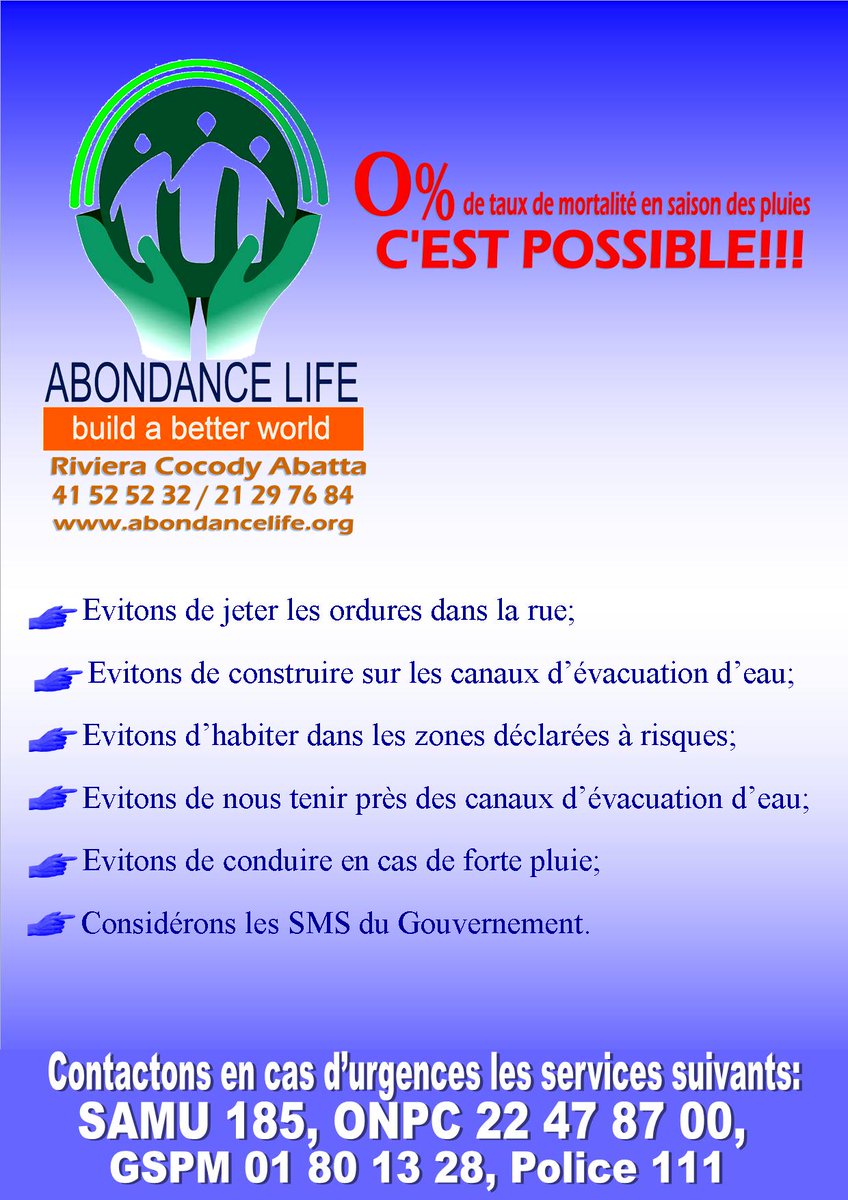 AbondanceLife's tweet photo. ONG ABONDANCE LIFE lance une Campagne de sensibilisation de proximité du 01 au 30 Juin dans le but d'informer la population sur les dispositions à prendre afin d'éviter d'éventuels drames pendant la saison des pluies.
Réservons un accueil chaleureux à nos équipes. https://t.co/TxisvgnbzW