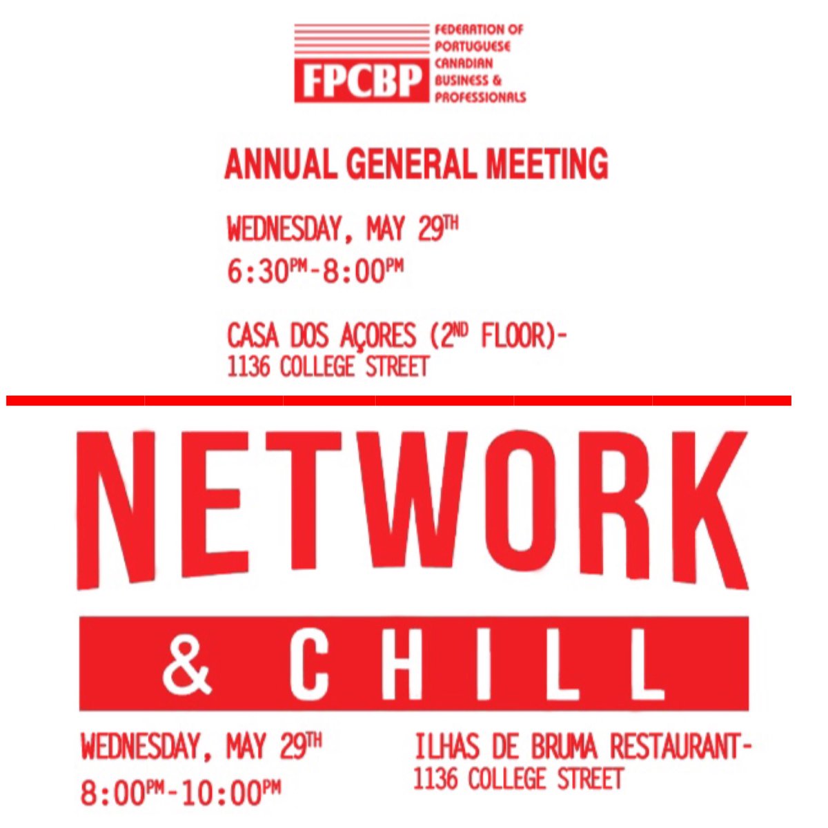 FPCBP's tweet image. Join us tomorrow for our Annual General Meeting beginning at 6:30pm at Casa dos Açores Hall, then at 8:00pm it’s our annual #NetworkAndChill event, with great food and conversation at @IlhasdeBruma 8-10pm. All are welcome!