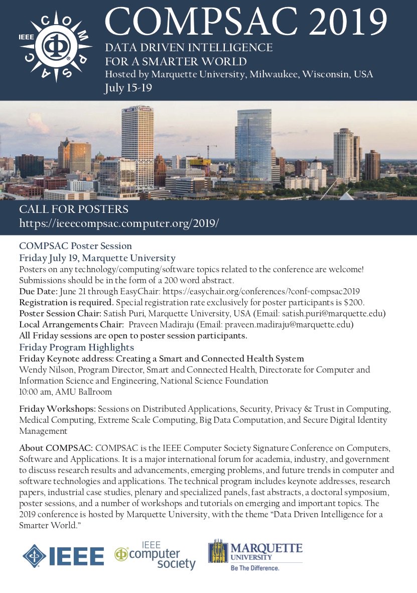 bozdags's tweet image. Call for posters for #COMPSAC 2019 conference in Milwaukee (hosted by @MarquetteU and @UWM).  
This year's theme: Data Driven Intelligence for a Smarter World
More info: ieeecompsac.computer.org/2019/posters/
 @compsac