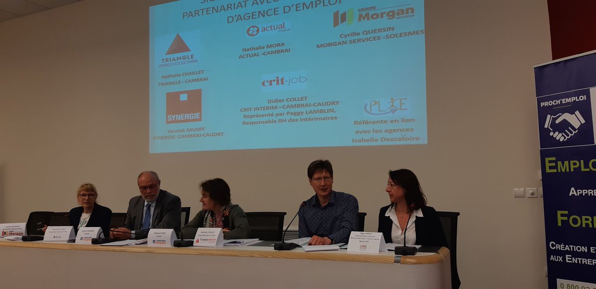 CambresisEmploi's tweet photo. 2/2 (Suite #AG) Signature de la Charte Partenariale entre Cambrésis Emploi et les Responsables des Agences d'intérim : @Synergie @TriangleInterim  @ServiceMorgan #CritIntérim #Actual  Merci à eux ! Un partenariat concret pour les participants accompagnaient par le #PLIE. https://t.co/GH75jbvD14