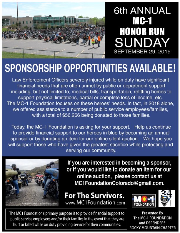 MC1_Foundation's tweet photo. Business Owners - get your company's name in front of 100s of local motorcyclists!   We have sponsorship opportunities for the 6th Annual MC-1 Honor Run available! 

Contact us at MC1FoundationColorado@gmail.com for more information.

#MC1
#BlueLine
#ForTheSurvivors https://t.co/eeqZcSGNPR